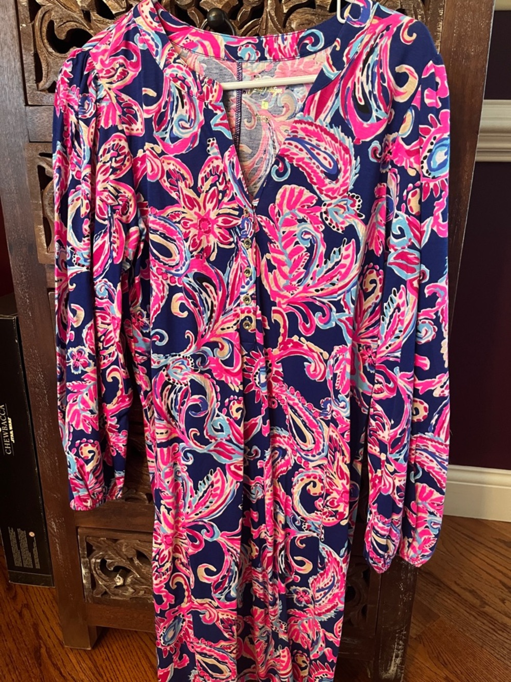 Lilly Pulitzer Navy Dress with Pink and Aqua Floral-Paisley Print